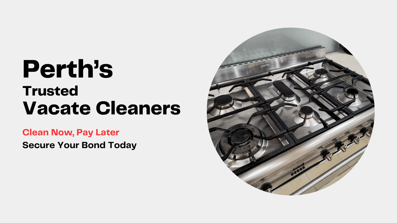 Stainless steel gas stove with text about vacate cleaners on a white background