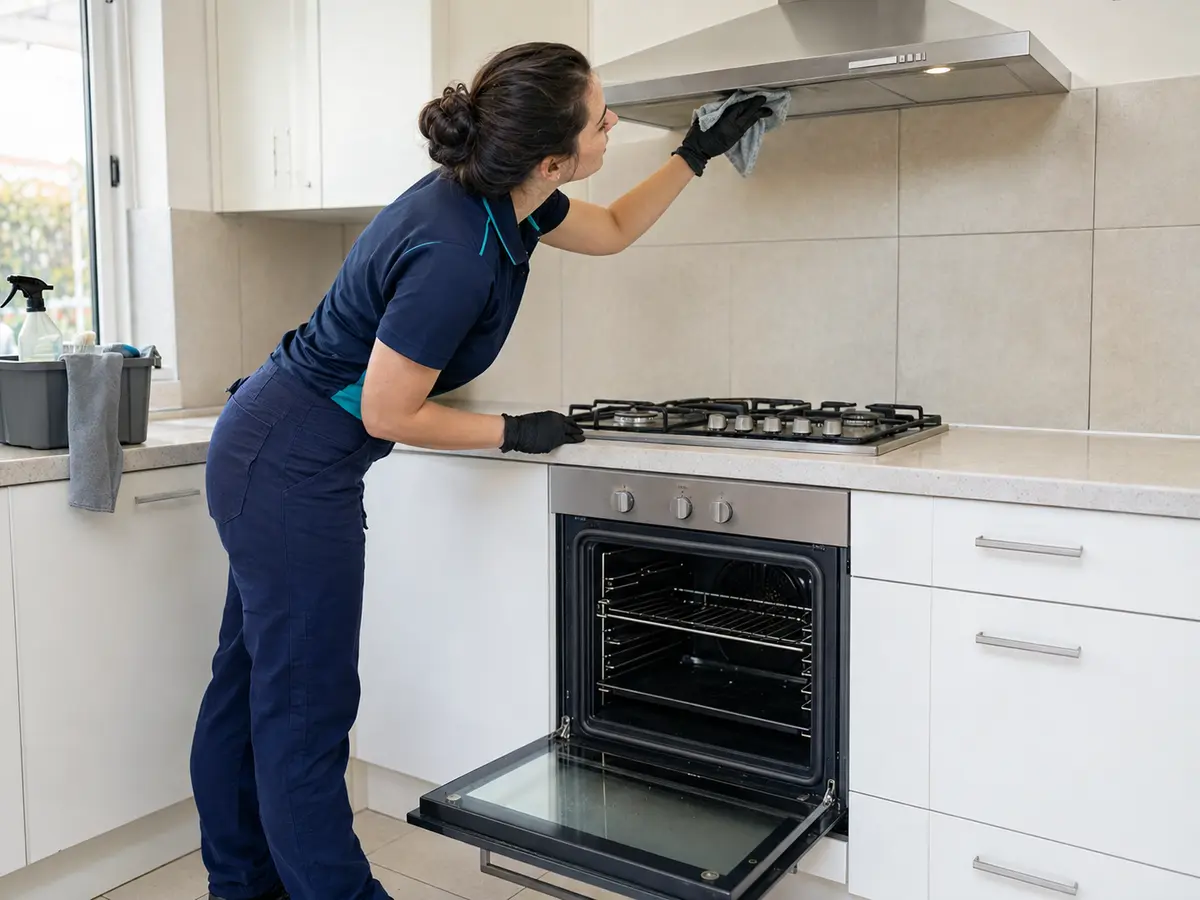 Cleaner detailing an oven and kitchen appliances during a vacate clean